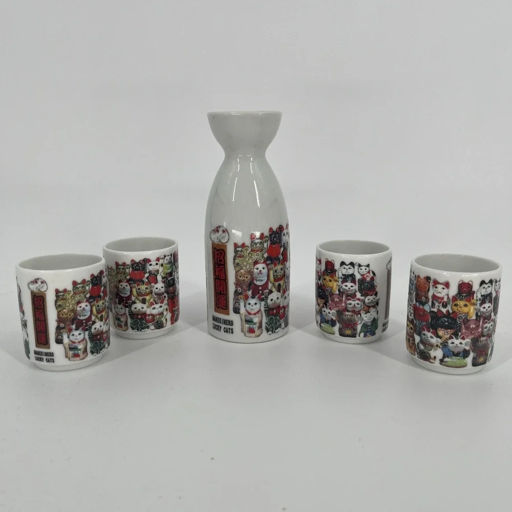 Sake Bottle And Cup 5 Pc Set Porcelain Ware Maneki Neko Lucky Cat No Chips EUC